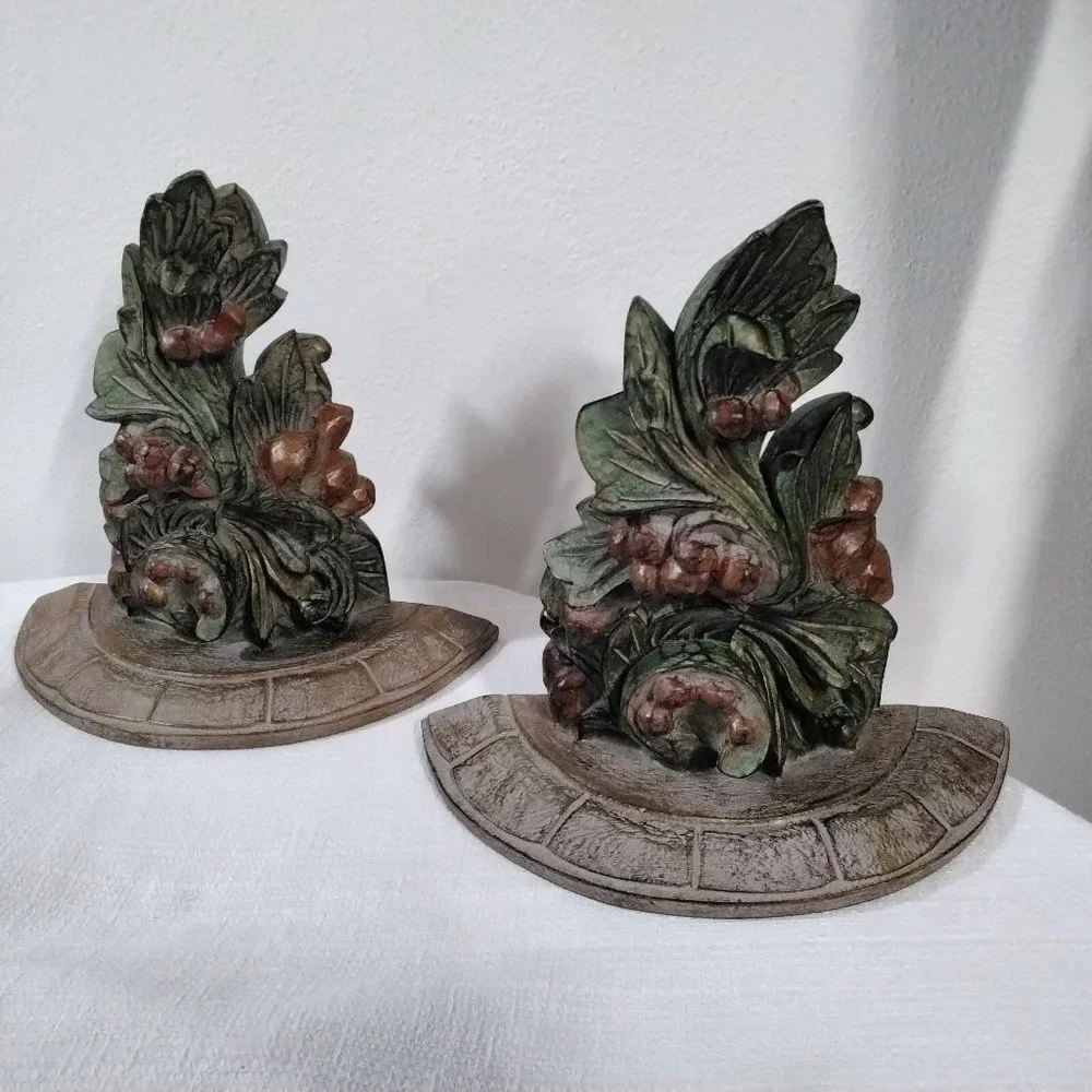 Wall Mounted Display Shelve Stand Hardwood Sculpt Sconces Carved Decor Set of 2